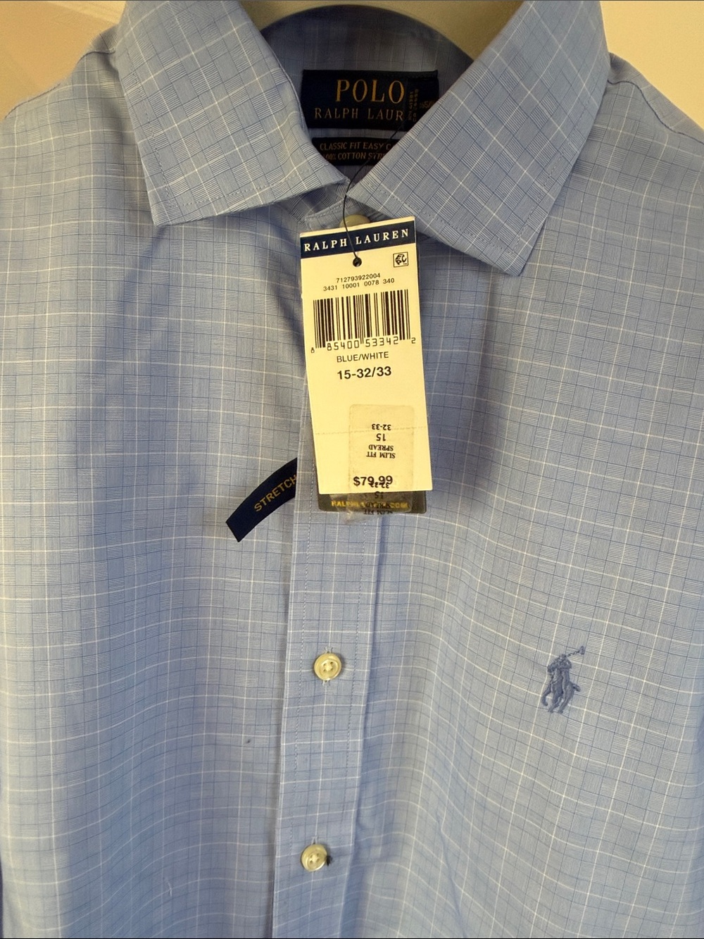 Polo Ralph Lauren Blue Windowpane long sleeve classic fit Shirt size 15 32-33